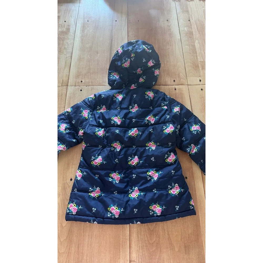 Faded Glory Girls Navy‎ Blue Floral Puffer Jacket Fleece Lined Hooded Size M 7-8
